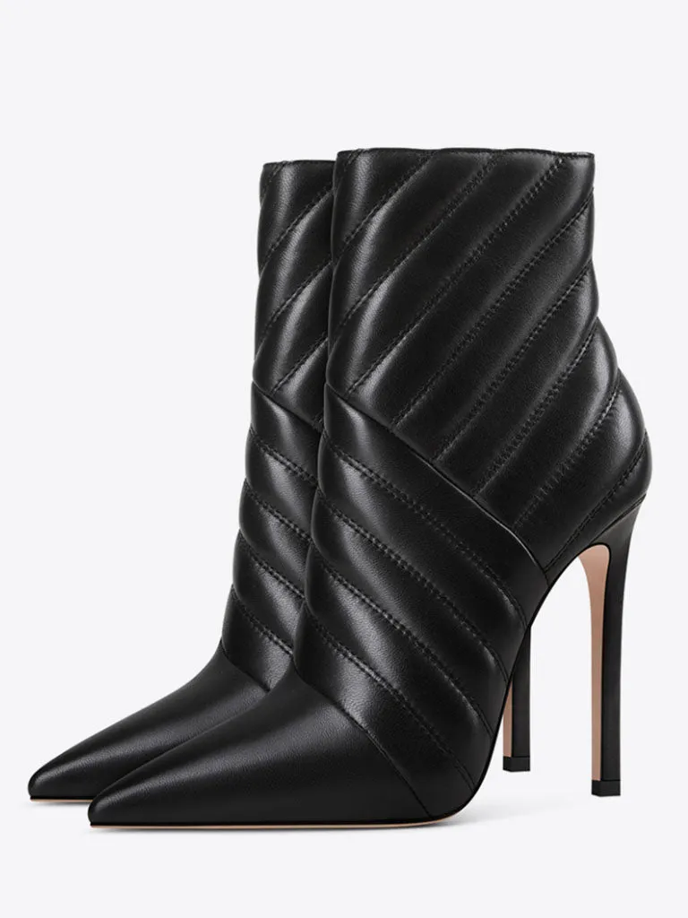 12cm Height Women's Stripe Pointed Toe PU Leather Boots