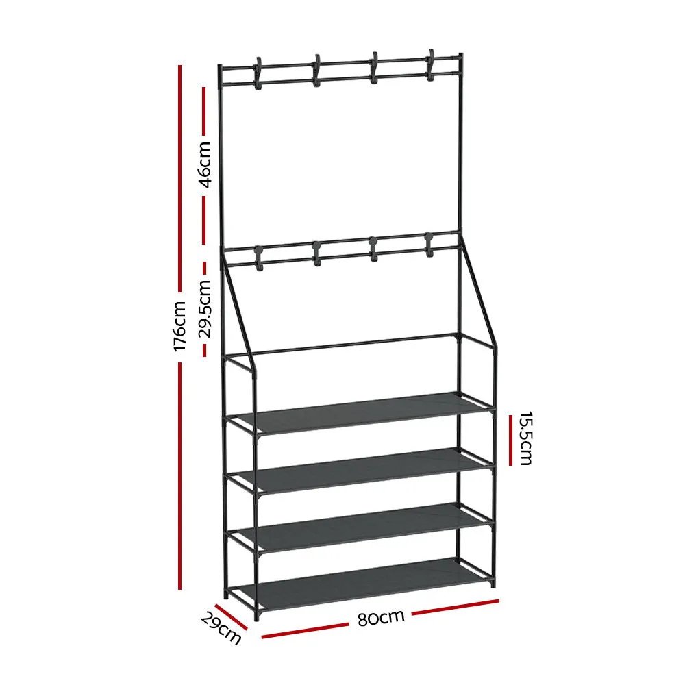 3-in-1 5-Tier Shoe Rack, Coat & Hat Stand, Metal, Black - Artiss