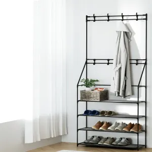 3-in-1 5-Tier Shoe Rack, Coat & Hat Stand, Metal, Black - Artiss