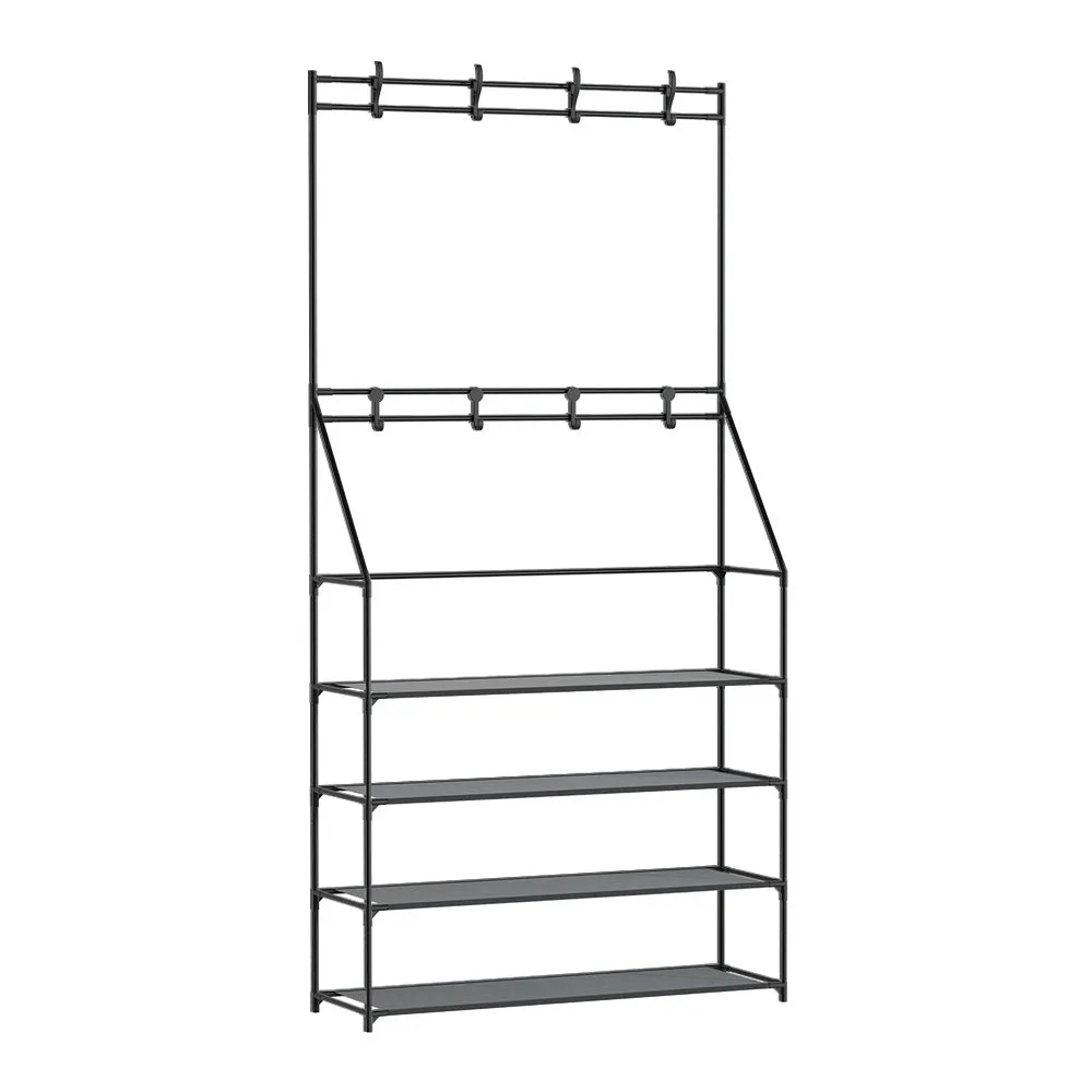 3-in-1 5-Tier Shoe Rack, Coat & Hat Stand, Metal, Black - Artiss