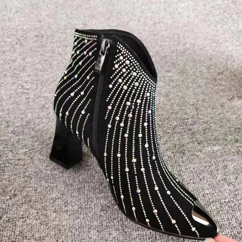 Ankle Boots - Rhinestone Style & Side Zip, Shine Short Botas - Boots