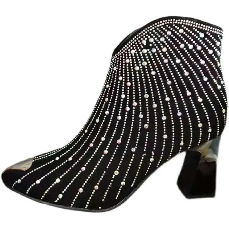 Ankle Boots - Rhinestone Style & Side Zip, Shine Short Botas - Boots