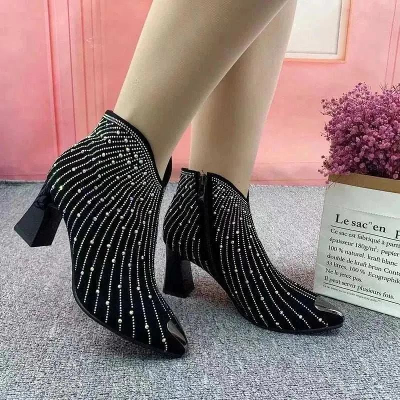 Ankle Boots - Rhinestone Style & Side Zip, Shine Short Botas - Boots