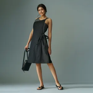 B77 Women's Knee Length Dress With Color Block Panels In Eco Denim