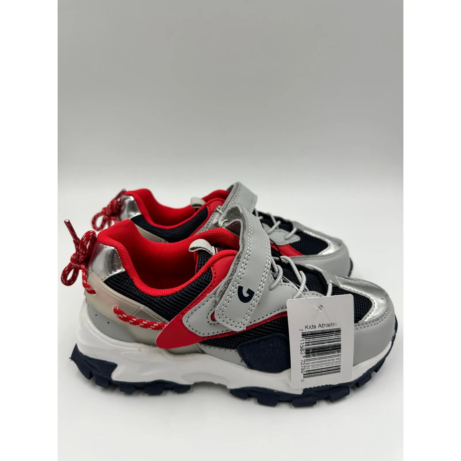 Big Kid Size 1 Gray, Blue and Red Sneakers, with Silver Accents and Straps