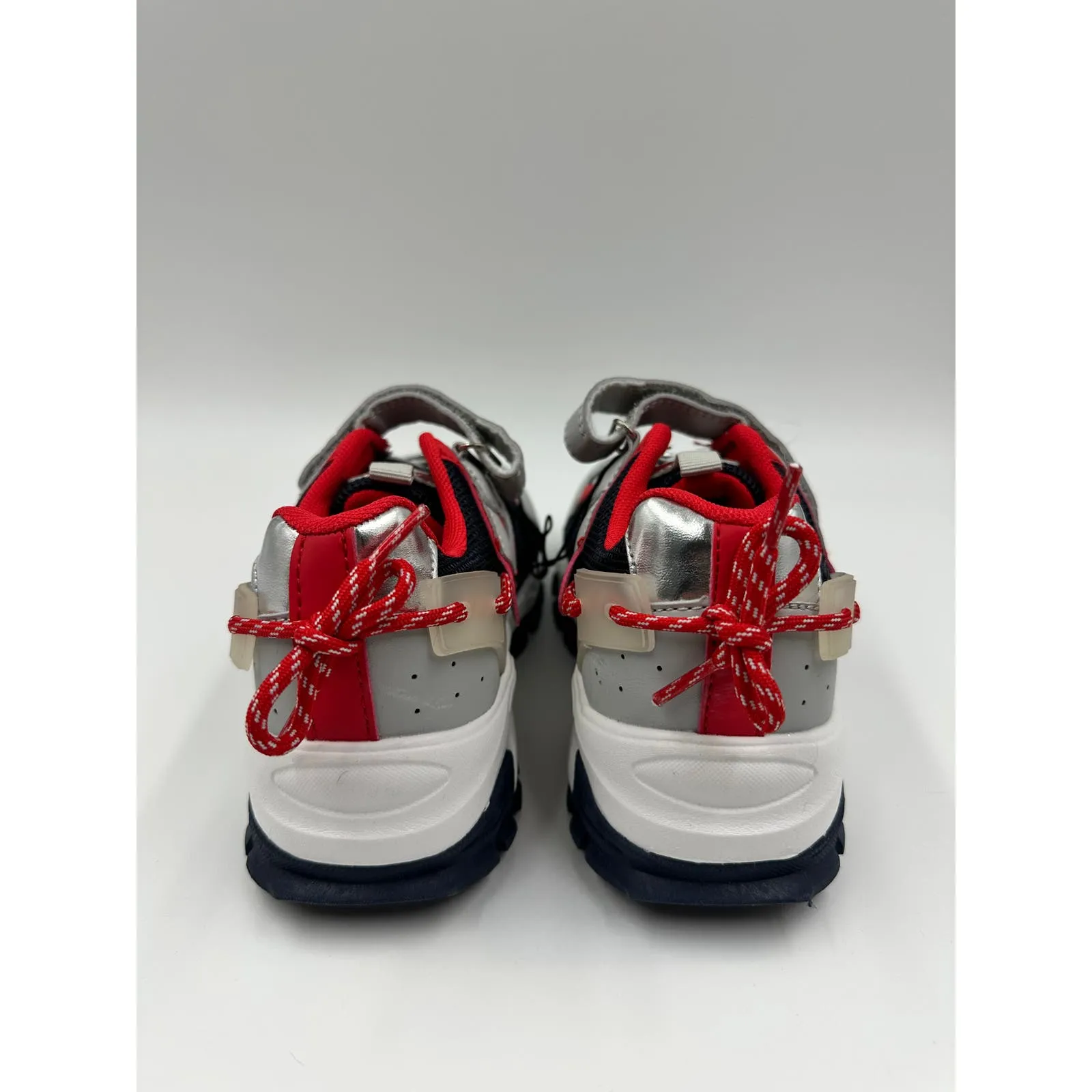 Big Kid Size 1 Gray, Blue and Red Sneakers, with Silver Accents and Straps