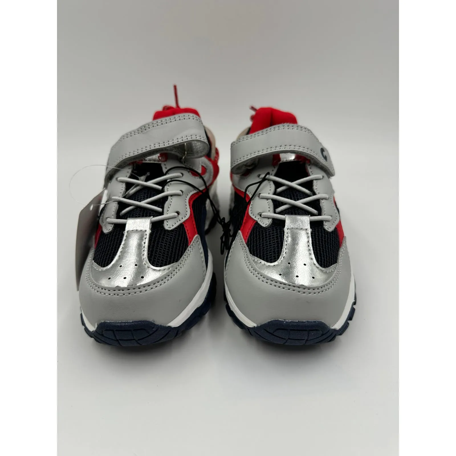 Big Kid Size 1 Gray, Blue and Red Sneakers, with Silver Accents and Straps