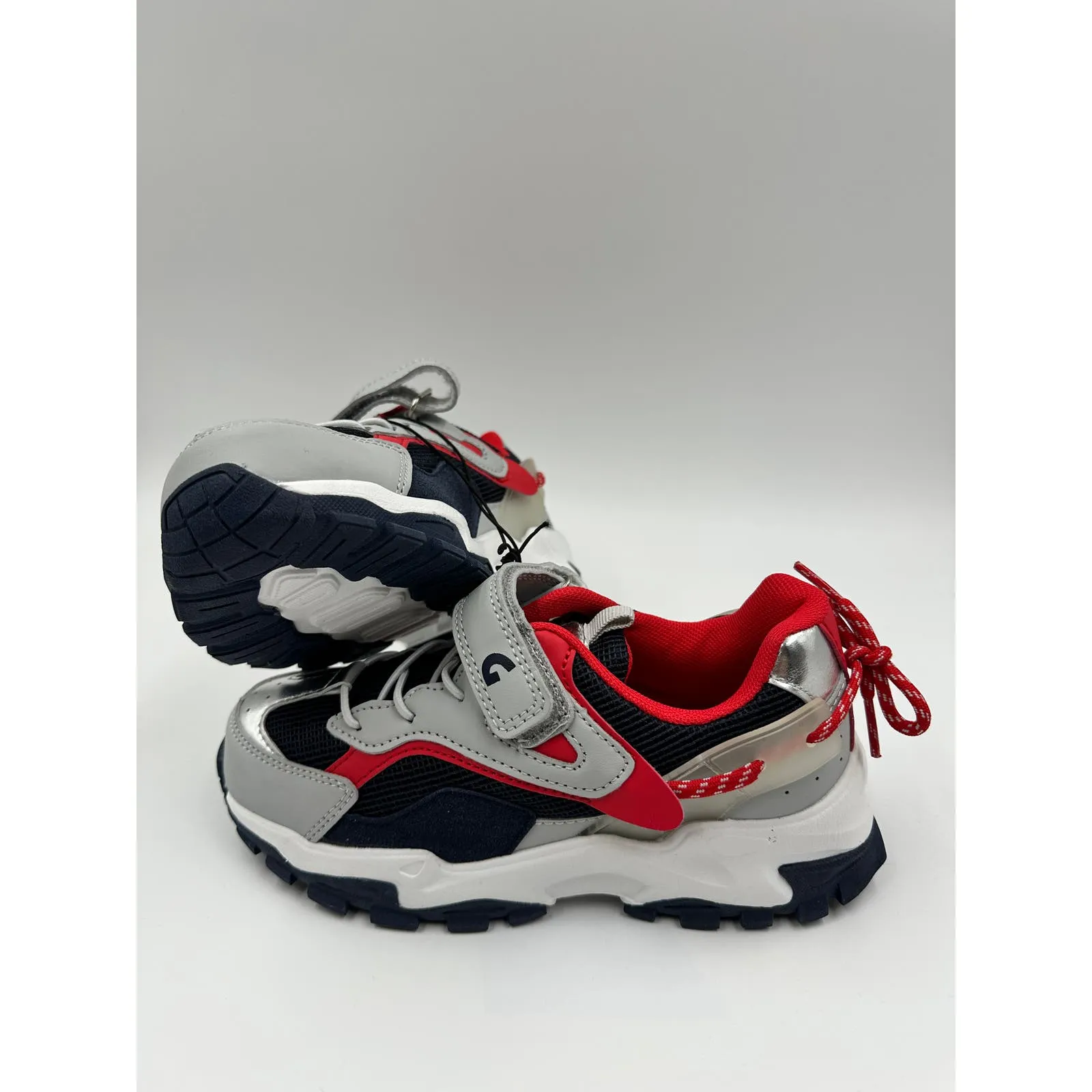 Big Kid Size 1 Gray, Blue and Red Sneakers, with Silver Accents and Straps