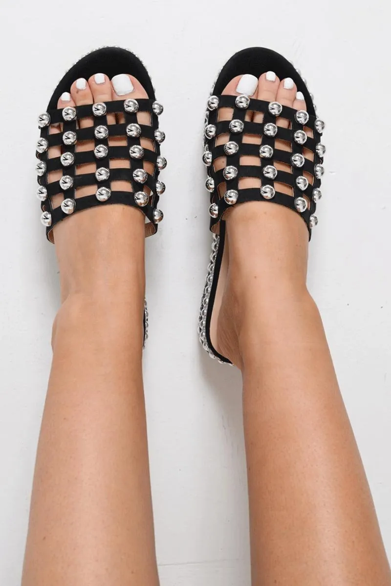 Black Studded Cage Platform Sandals - Presli