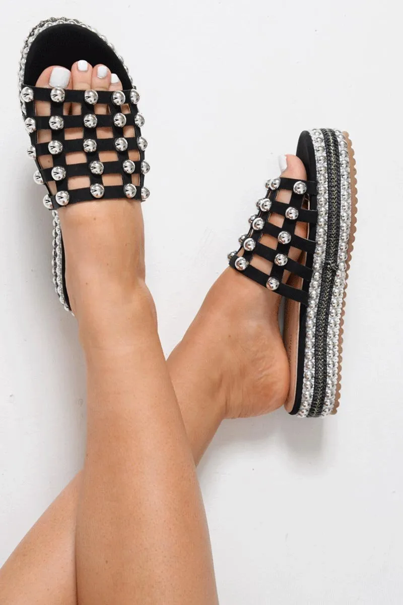 Black Studded Cage Platform Sandals - Presli