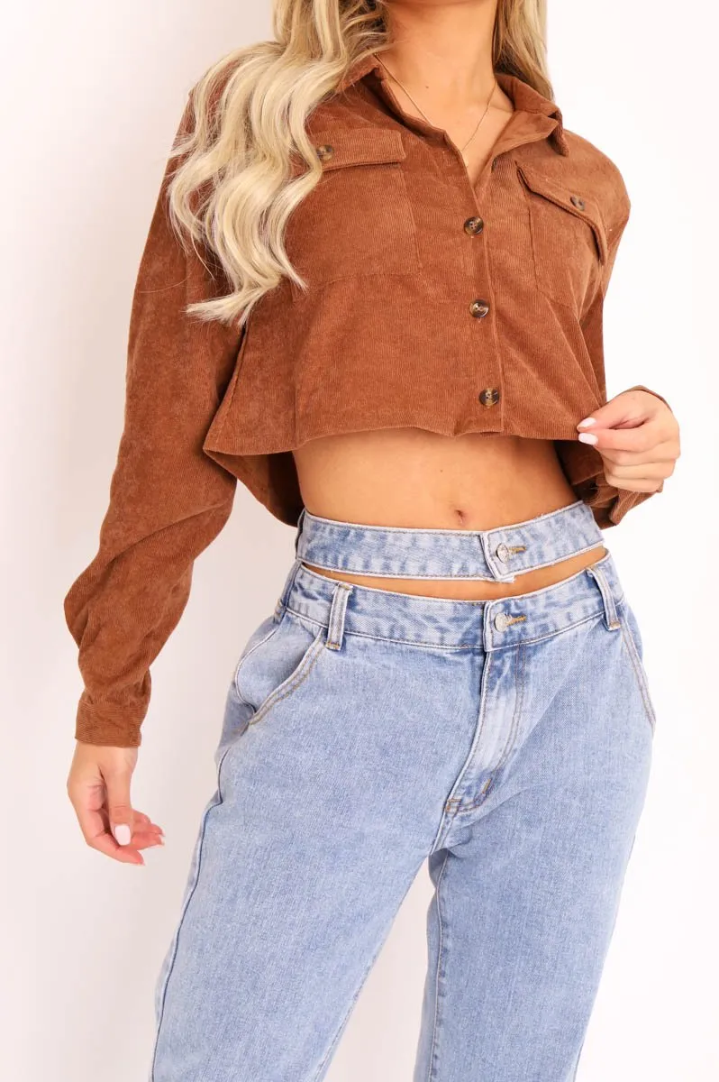 Brown Corduroy Utility Pocket Cropped Shirt - Eliora