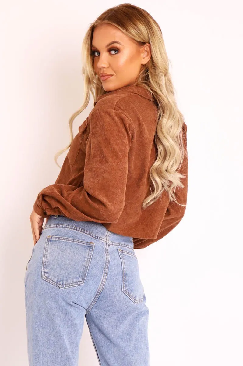 Brown Corduroy Utility Pocket Cropped Shirt - Eliora