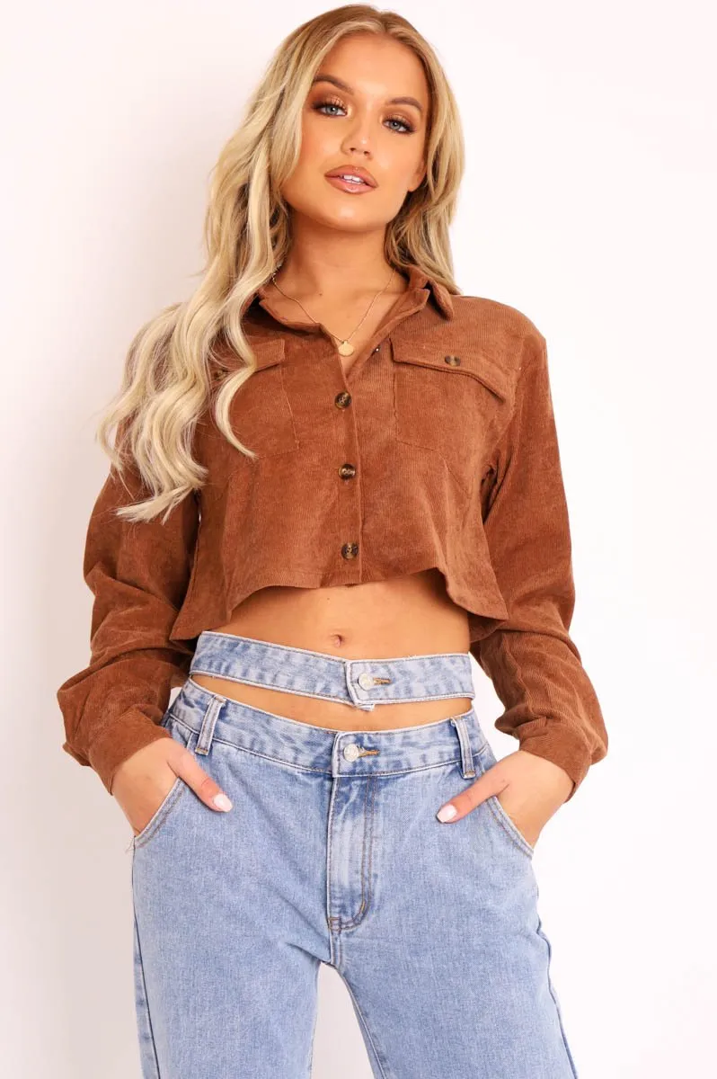 Brown Corduroy Utility Pocket Cropped Shirt - Eliora