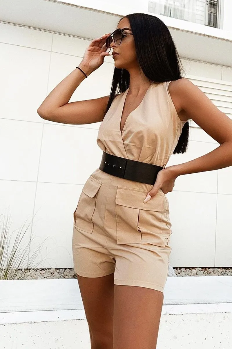 Camel Plunge Woven Utility Pocket Playsuit - Megan