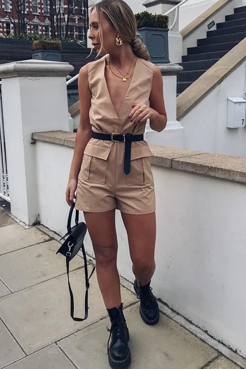 Camel Plunge Woven Utility Pocket Playsuit - Megan