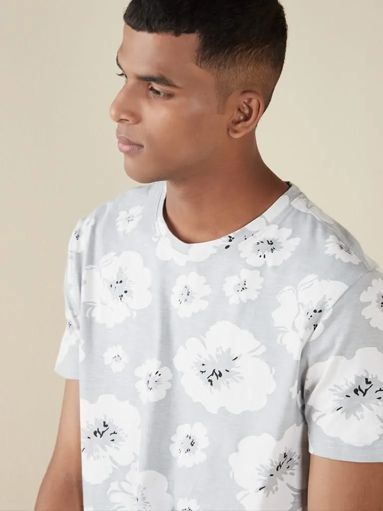 ETA Grey Floral Print Slim-Fit T-Shirt