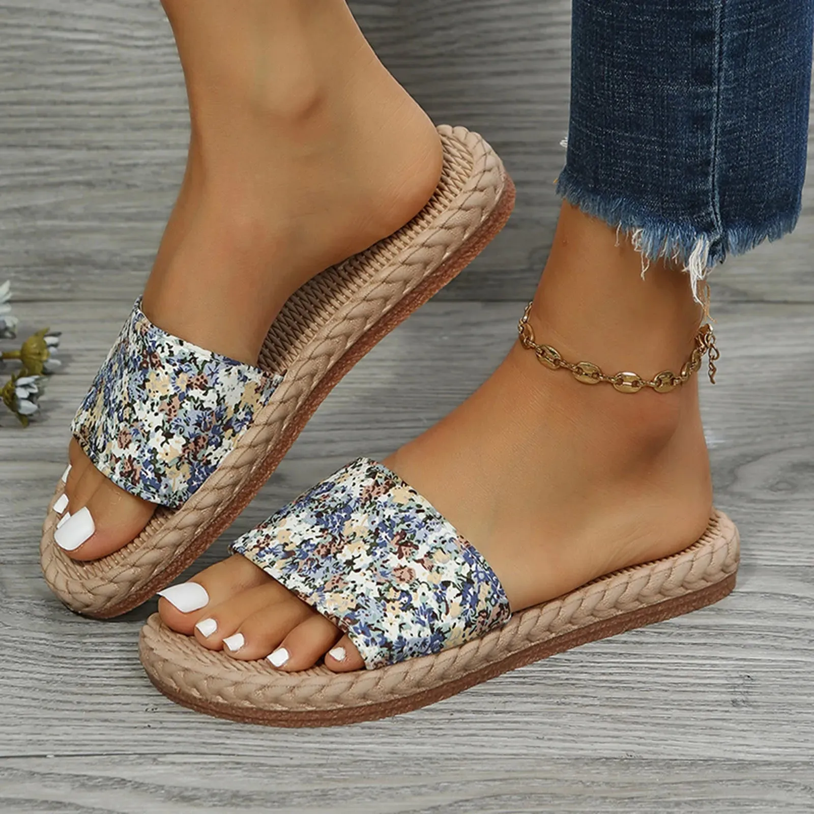 Floral Cloth Flip Flops - Ladies Straw Flat Beach Shoes