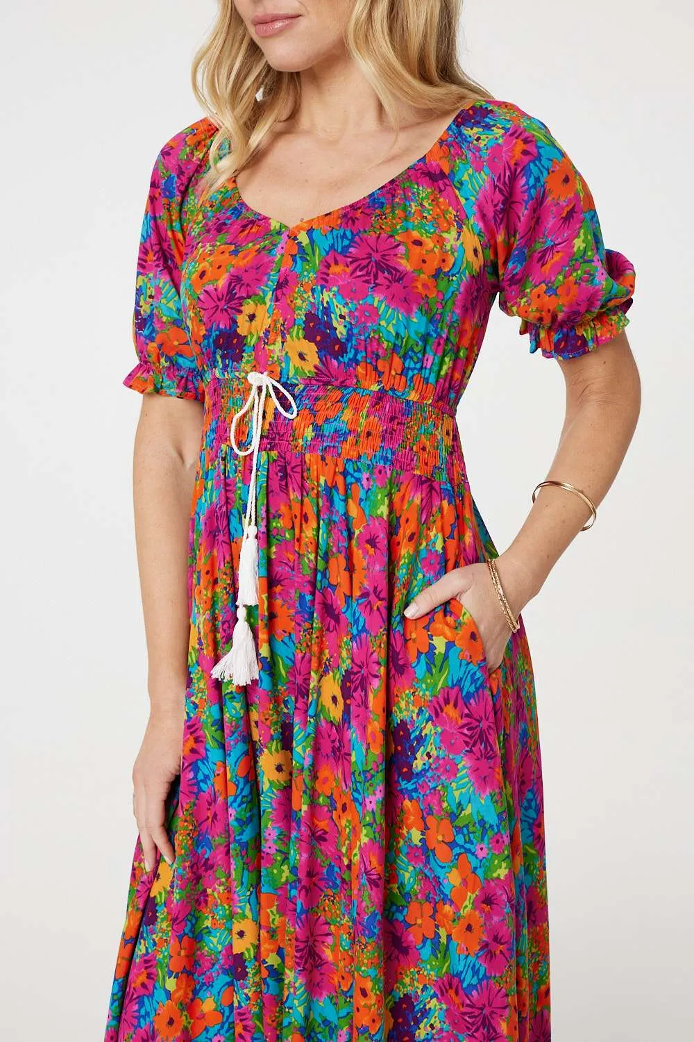 Floral Drawstring Empire Waist Maxi Dress