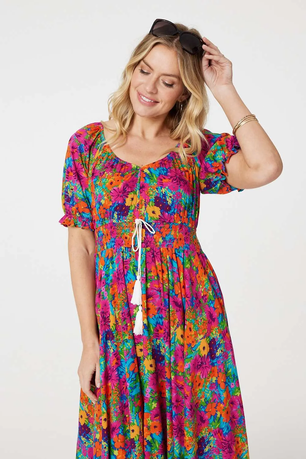 Floral Drawstring Empire Waist Maxi Dress