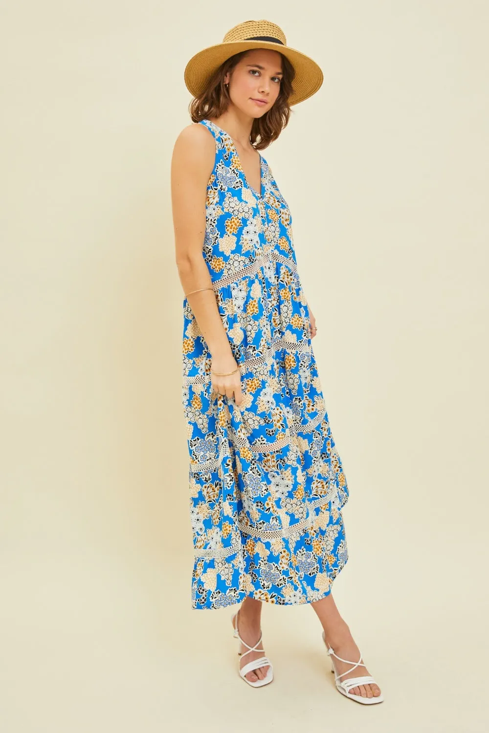 Full Size Printed Crochet Trim Maxi Dress