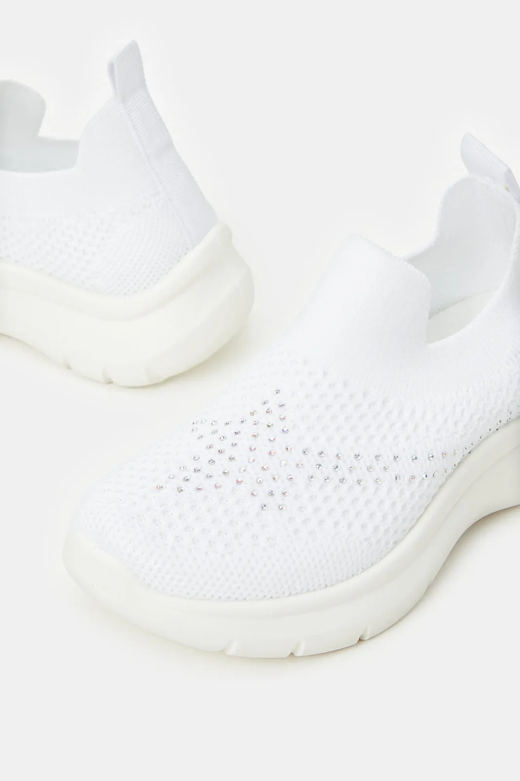 Girls White Fly Knit Slip-On Sneakers