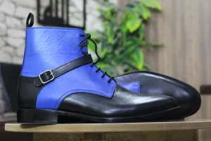 Handmade Black Blue Leather Buckle Lace Up Ankle High Men's Boot, Street Wear Boot