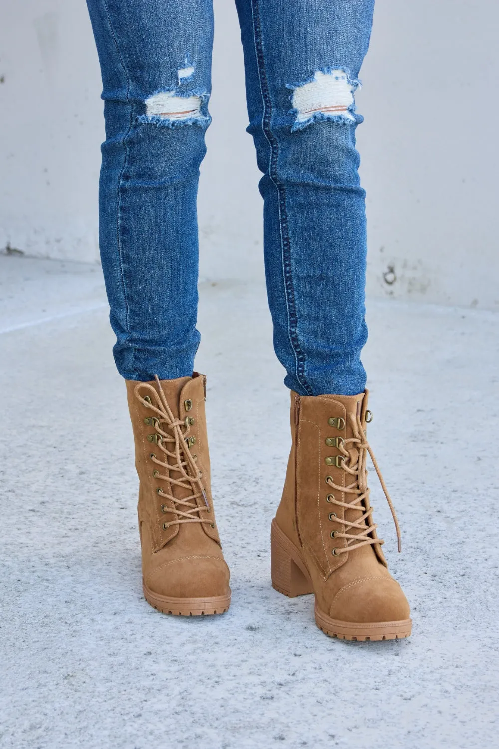 Lace-Up Zipper Detail Block Heel Boots