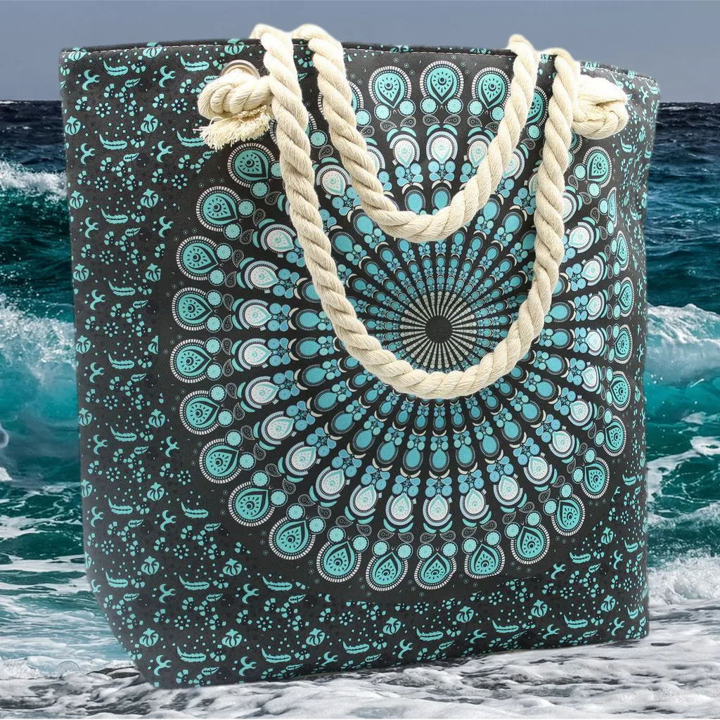 Large Beach Bag - Rope Handled Mandela Shopper Bag - Blue Shades