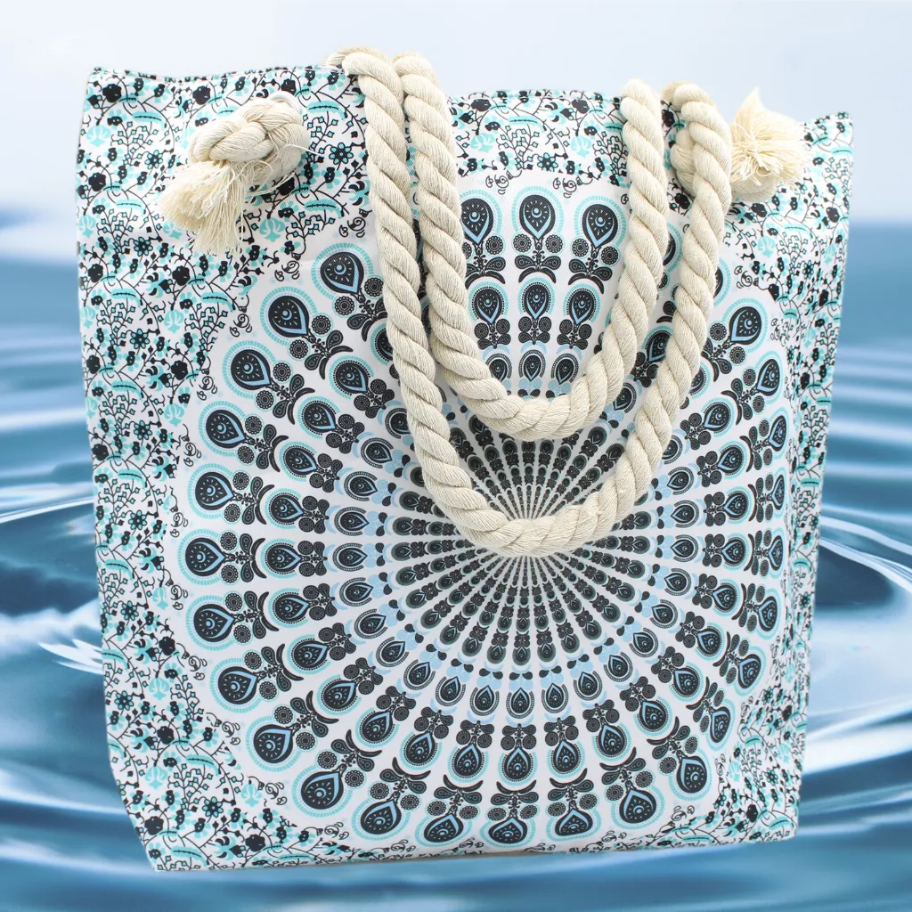 Large Beach Bag - Rope Handled Mandela Shopper Bag - Blue Shades