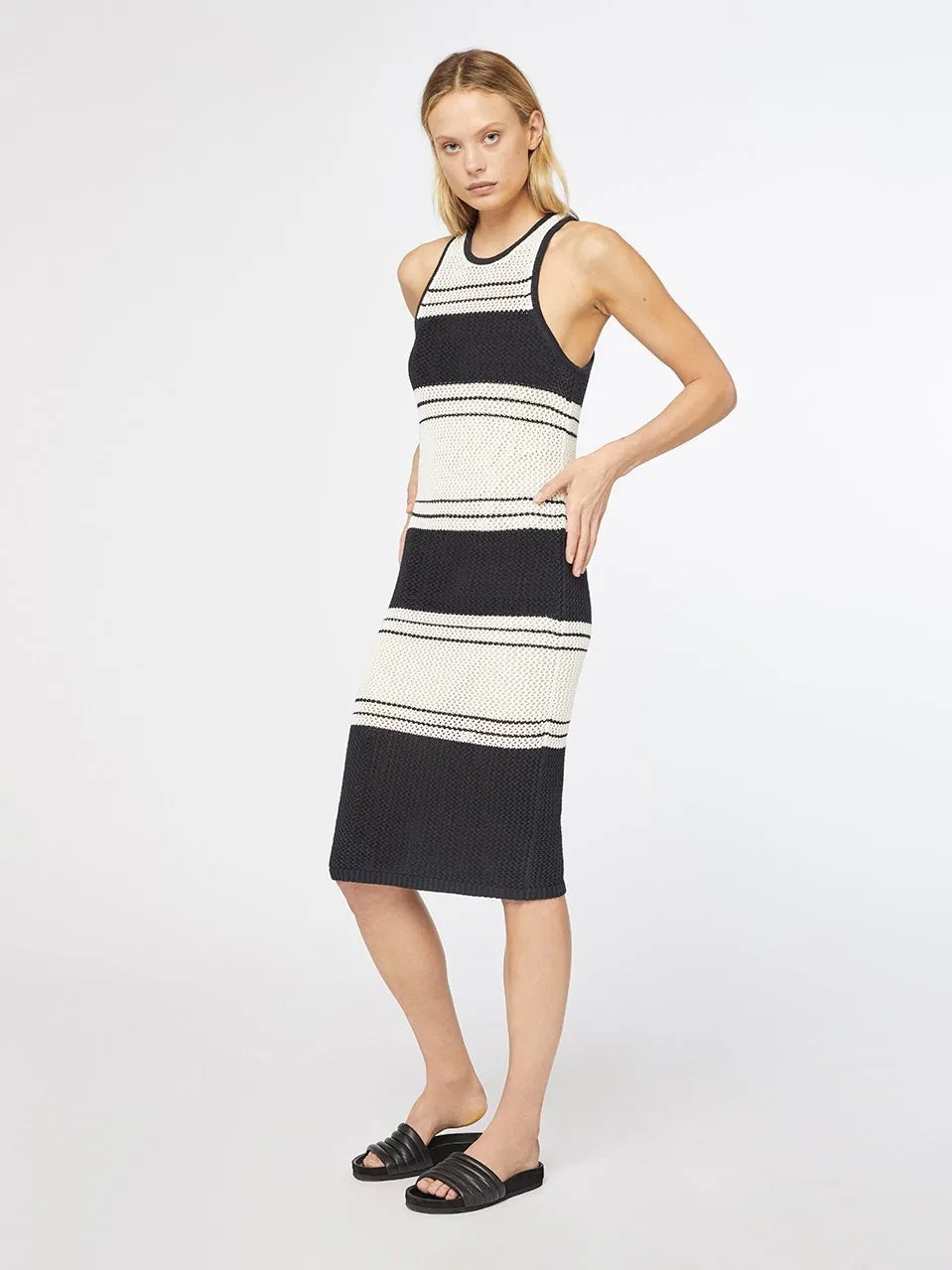 Open Knit Stripe Dress -- Off White Multi