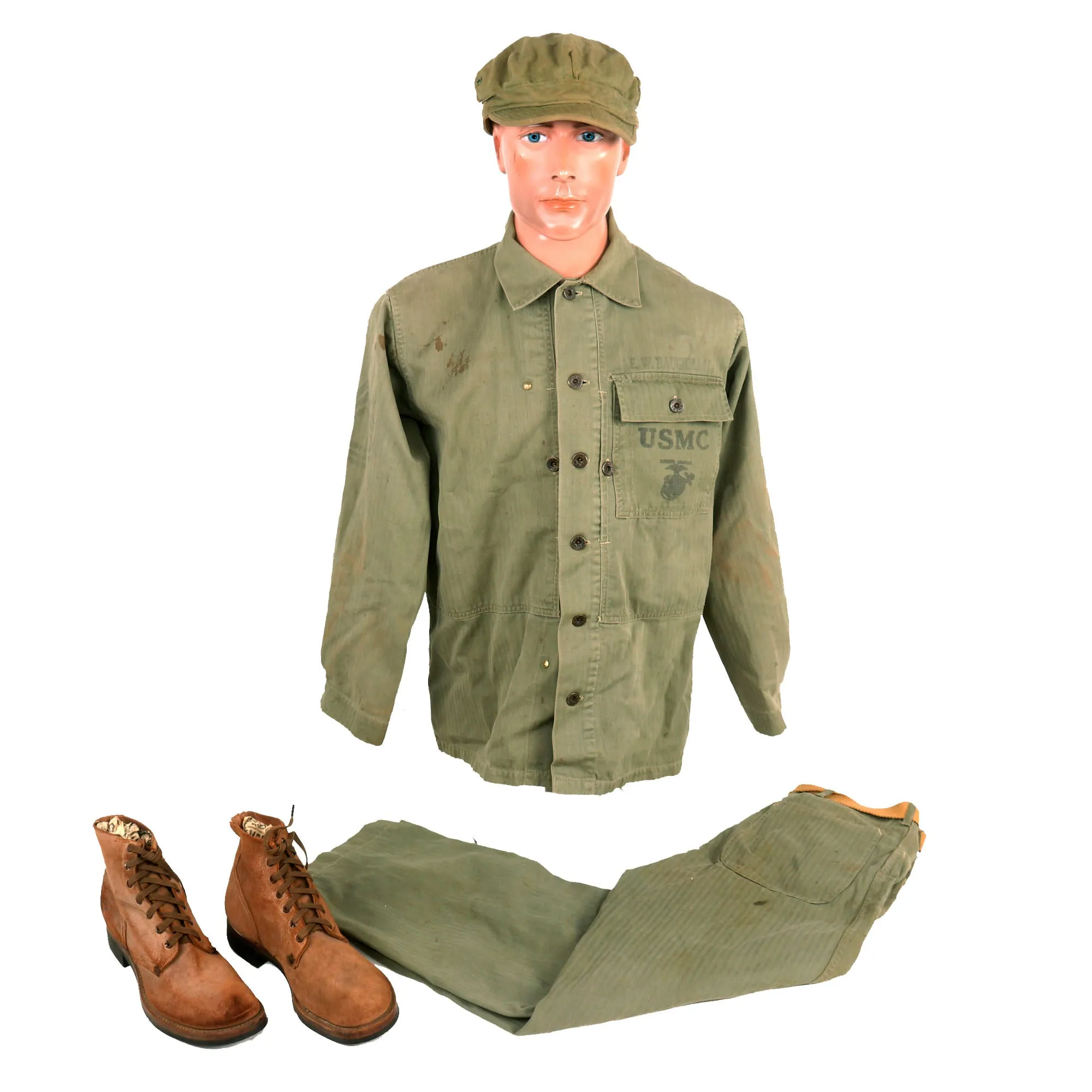 Original U.S. WWII Named USMC HBT Herringbone Twill P41 Utility Combat Uniform Grouping - Jacket, Trousers, Cap, & Boots