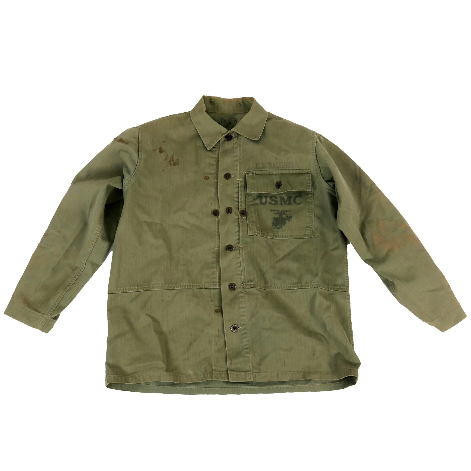 Original U.S. WWII Named USMC HBT Herringbone Twill P41 Utility Combat Uniform Grouping - Jacket, Trousers, Cap, & Boots