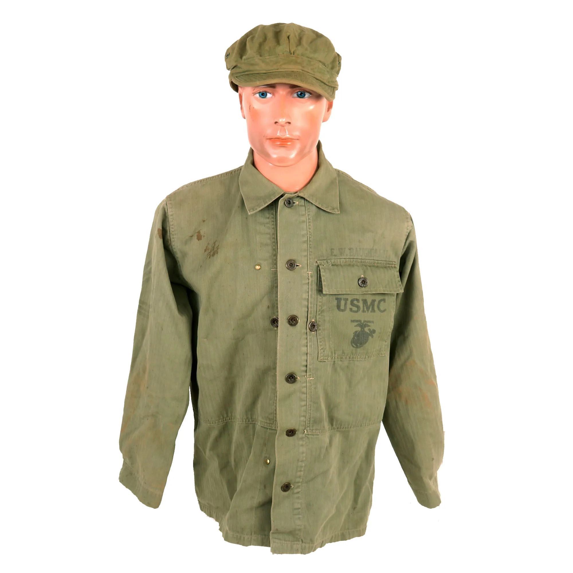 Original U.S. WWII Named USMC HBT Herringbone Twill P41 Utility Combat Uniform Grouping - Jacket, Trousers, Cap, & Boots