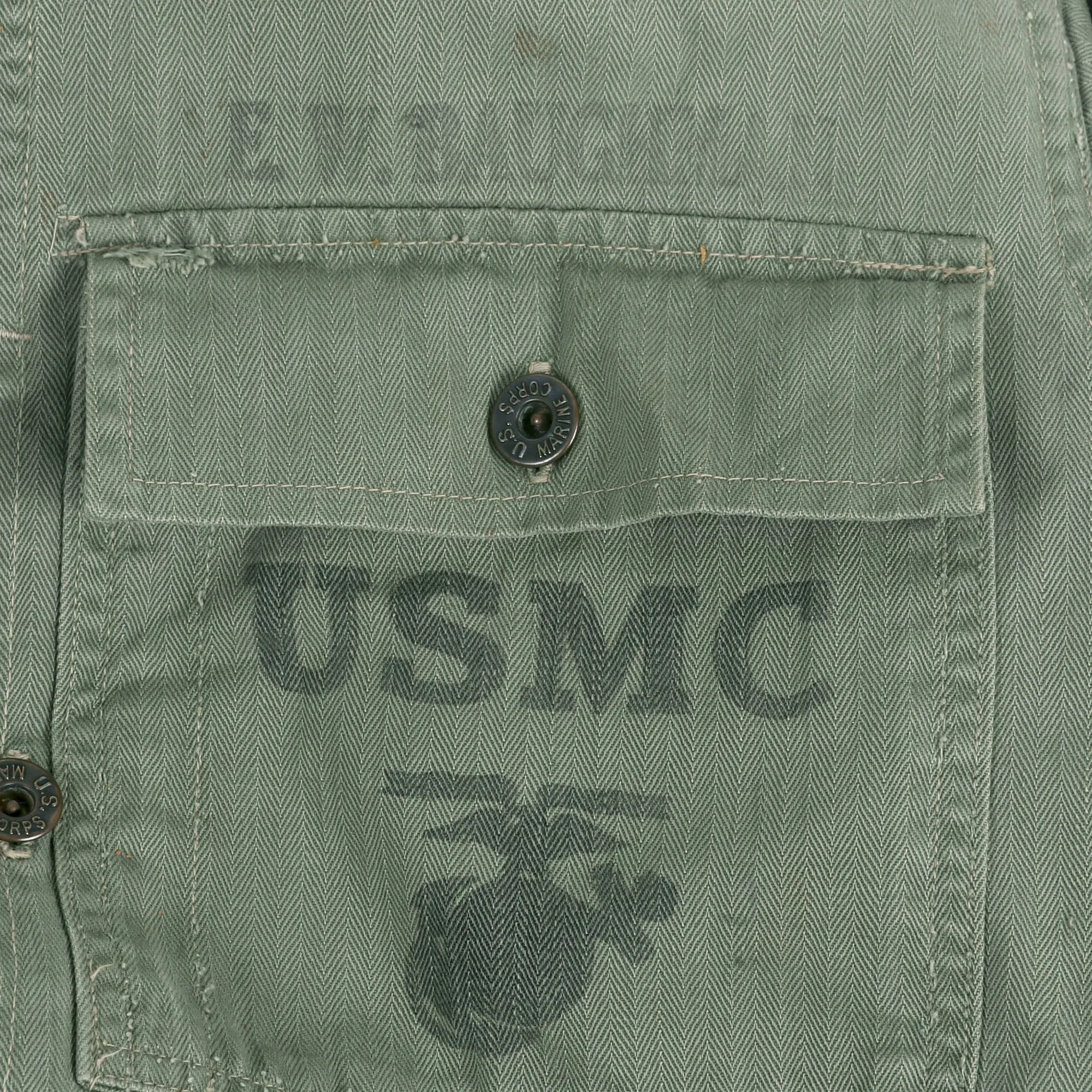 Original U.S. WWII Named USMC HBT Herringbone Twill P41 Utility Combat Uniform Grouping - Jacket, Trousers, Cap, & Boots