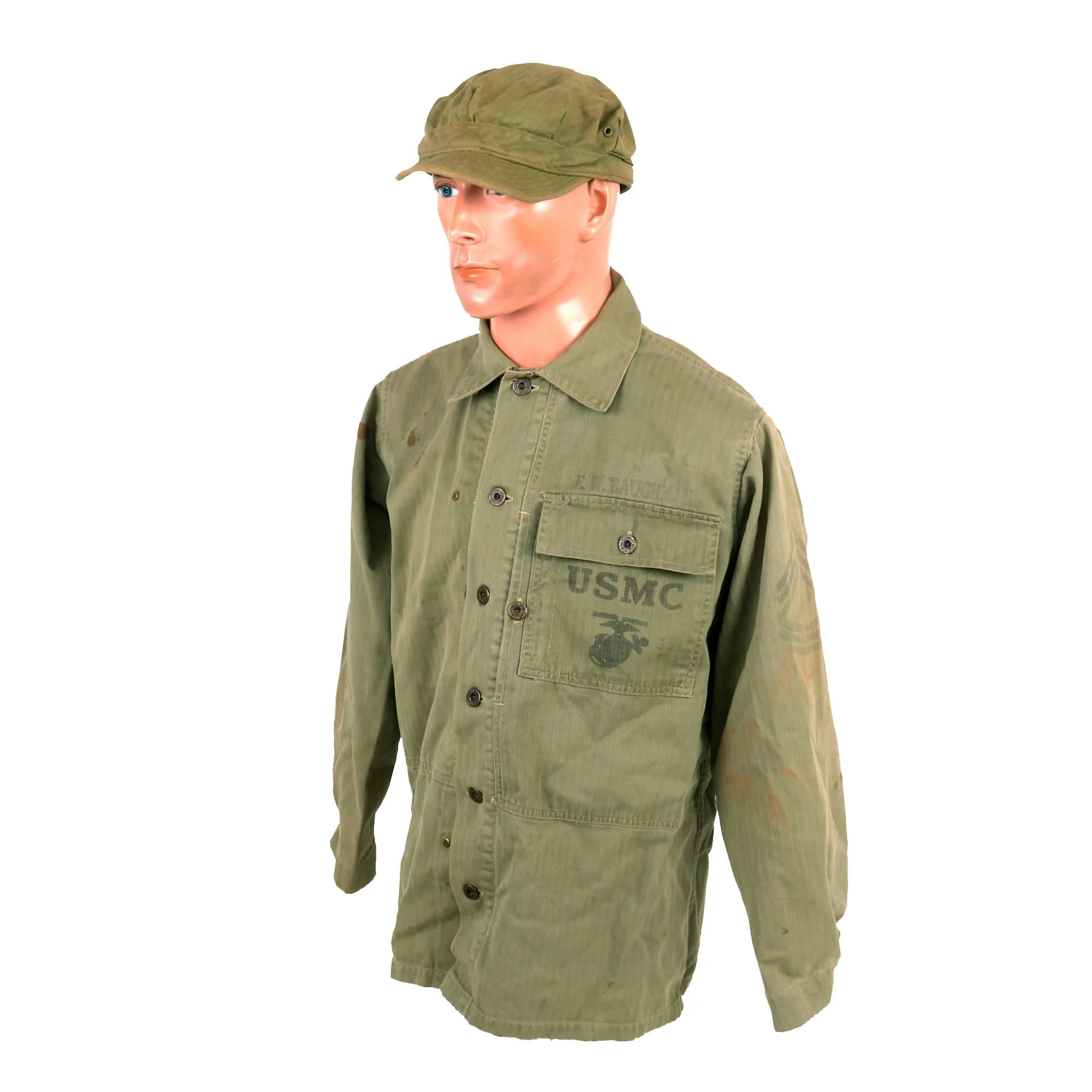 Original U.S. WWII Named USMC HBT Herringbone Twill P41 Utility Combat Uniform Grouping - Jacket, Trousers, Cap, & Boots