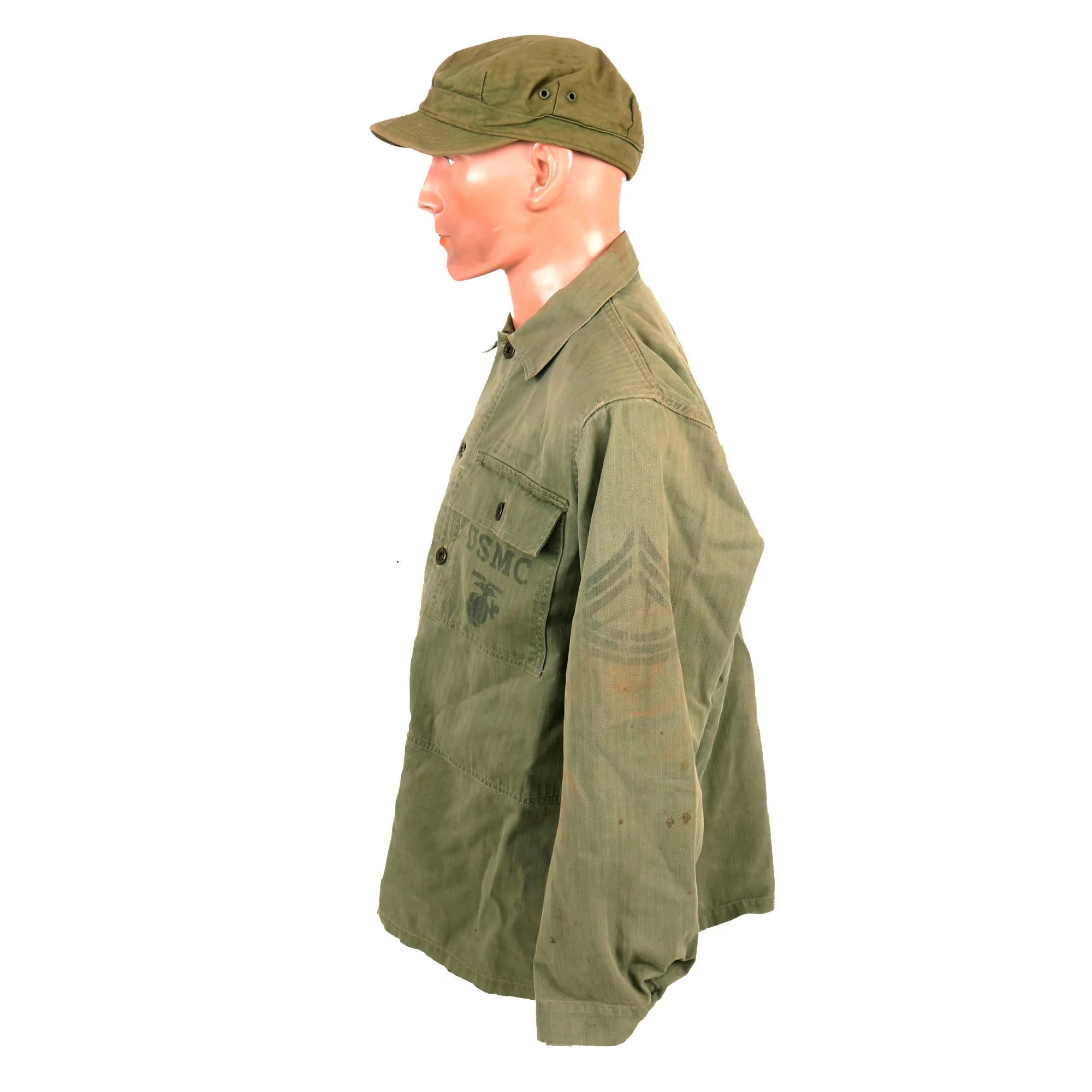 Original U.S. WWII Named USMC HBT Herringbone Twill P41 Utility Combat Uniform Grouping - Jacket, Trousers, Cap, & Boots