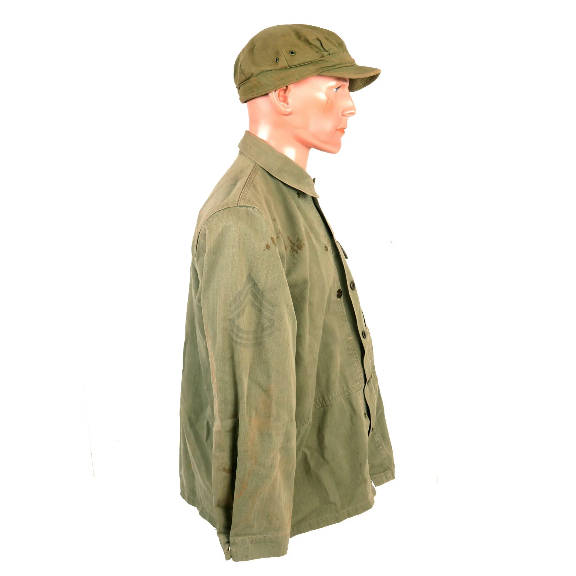 Original U.S. WWII Named USMC HBT Herringbone Twill P41 Utility Combat Uniform Grouping - Jacket, Trousers, Cap, & Boots