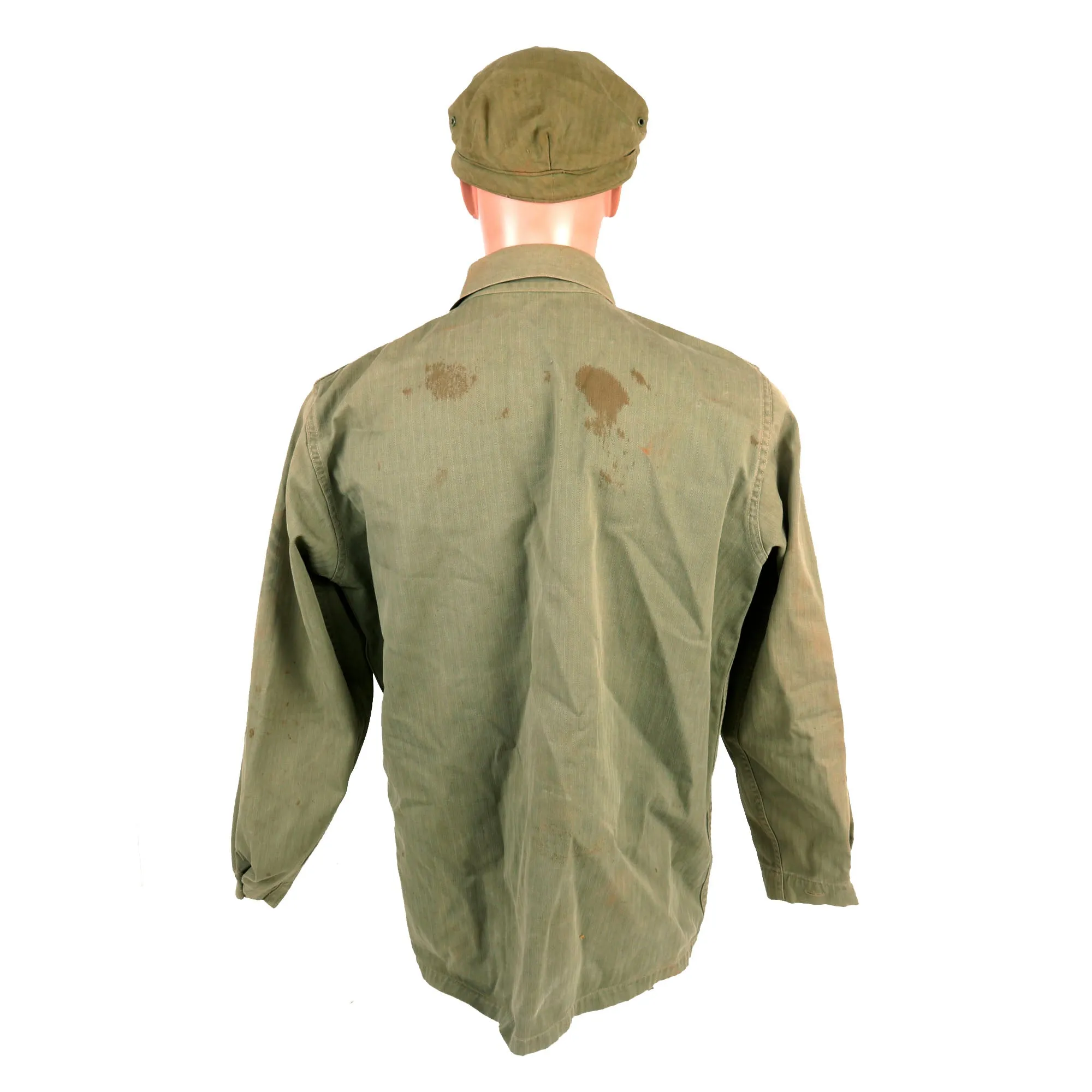 Original U.S. WWII Named USMC HBT Herringbone Twill P41 Utility Combat Uniform Grouping - Jacket, Trousers, Cap, & Boots