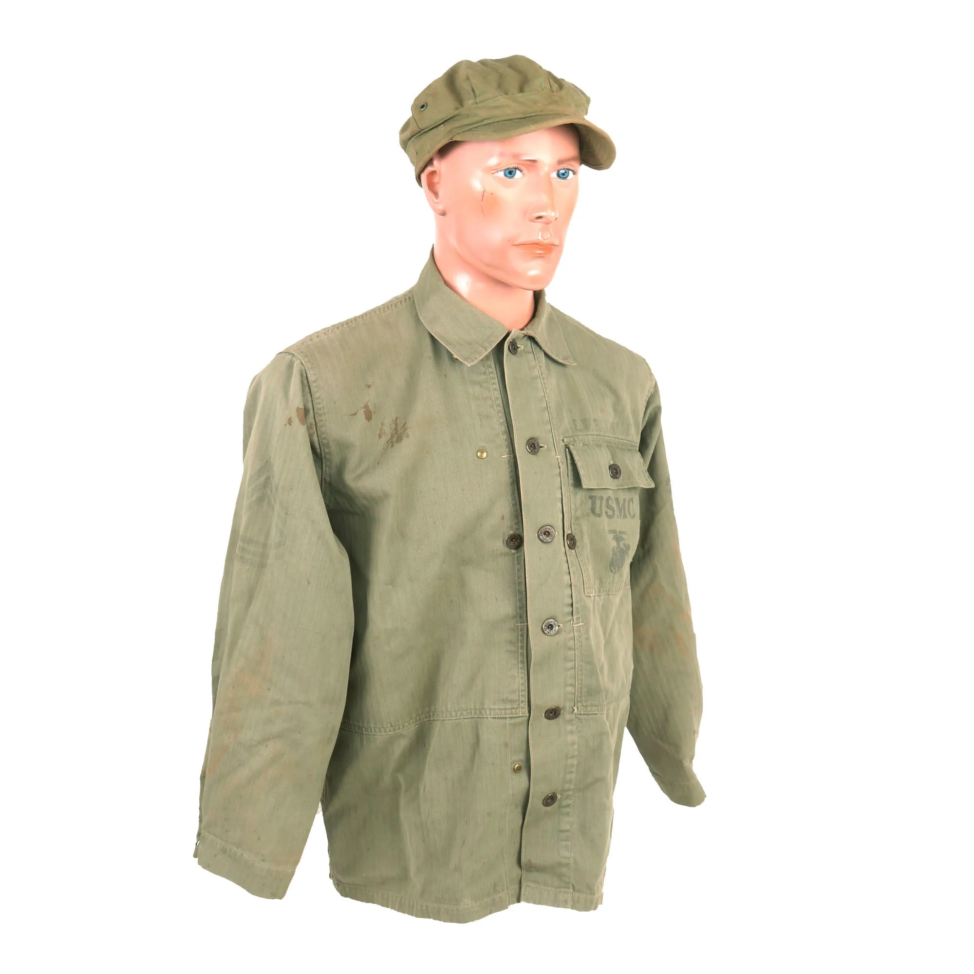 Original U.S. WWII Named USMC HBT Herringbone Twill P41 Utility Combat Uniform Grouping - Jacket, Trousers, Cap, & Boots