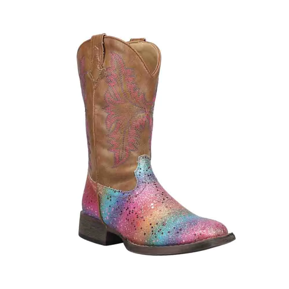 Rainbow Glitter Square Toe Cowboy Boots (Little Kid)