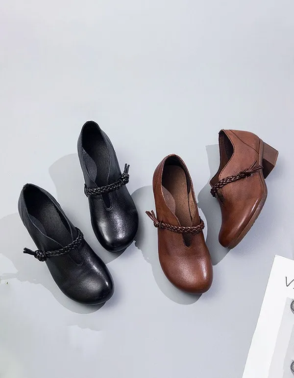 Retro Leather Comfort Thick Heel Chunky Shoes