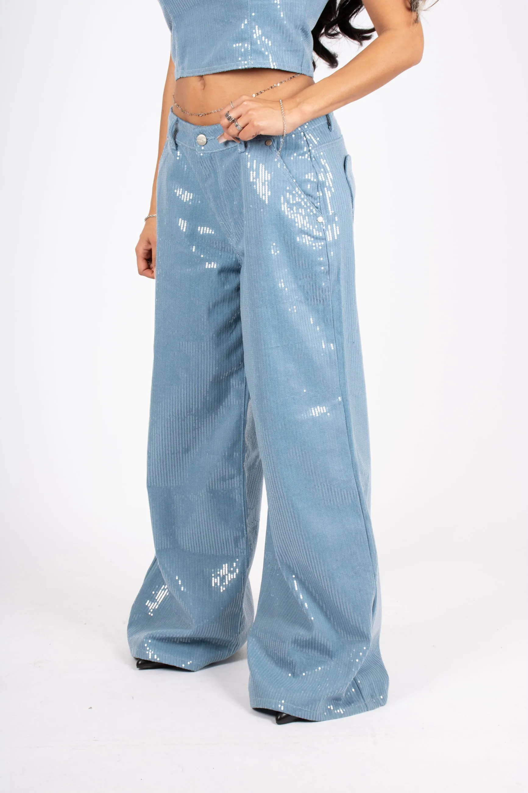 Sequin Blue Denim Baggy Heart Pocket Jean