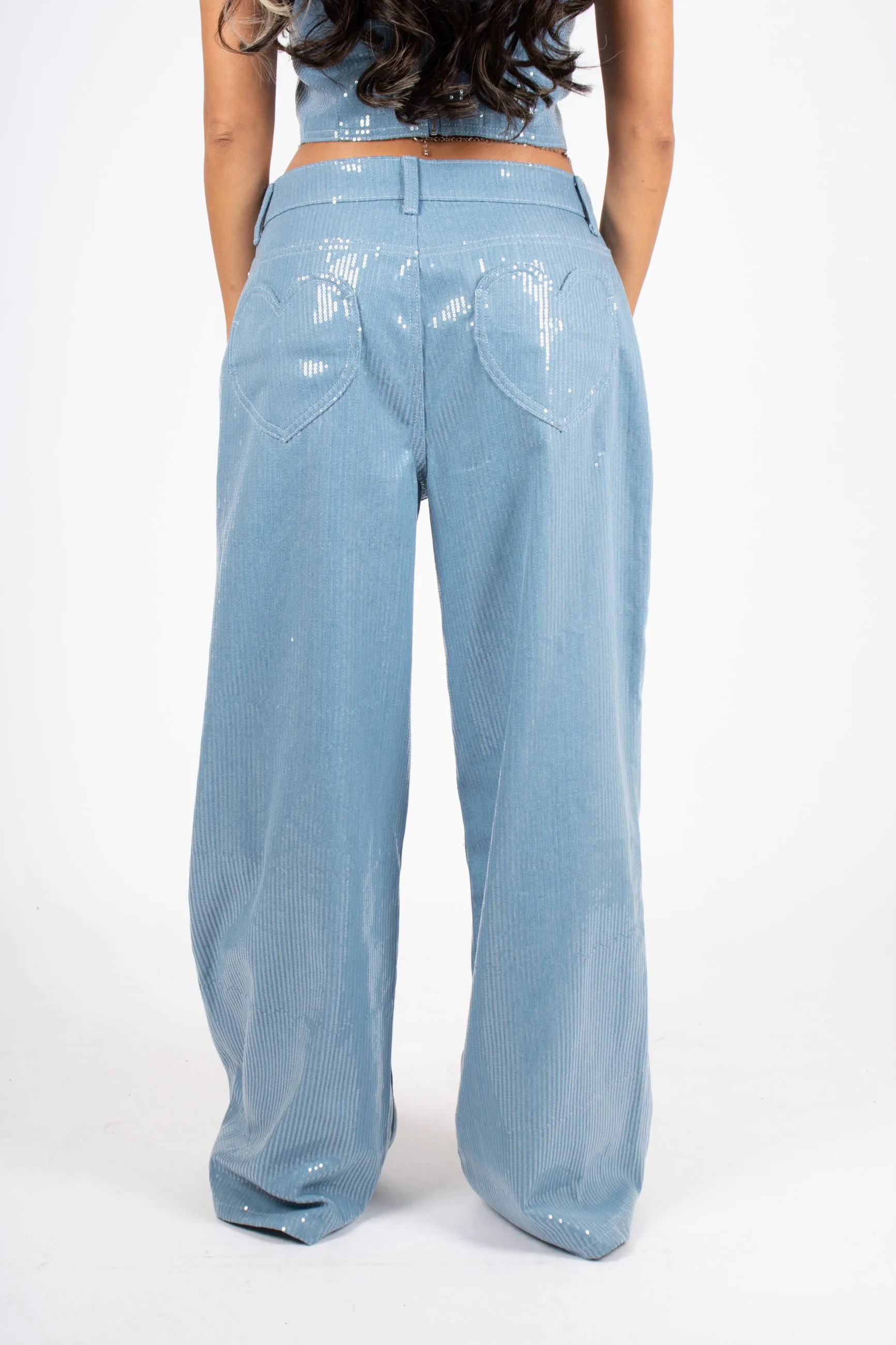 Sequin Blue Denim Baggy Heart Pocket Jean