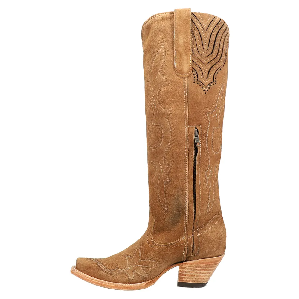 Suede Tooled-Inlay Tall Snip Toe Cowboy Boots