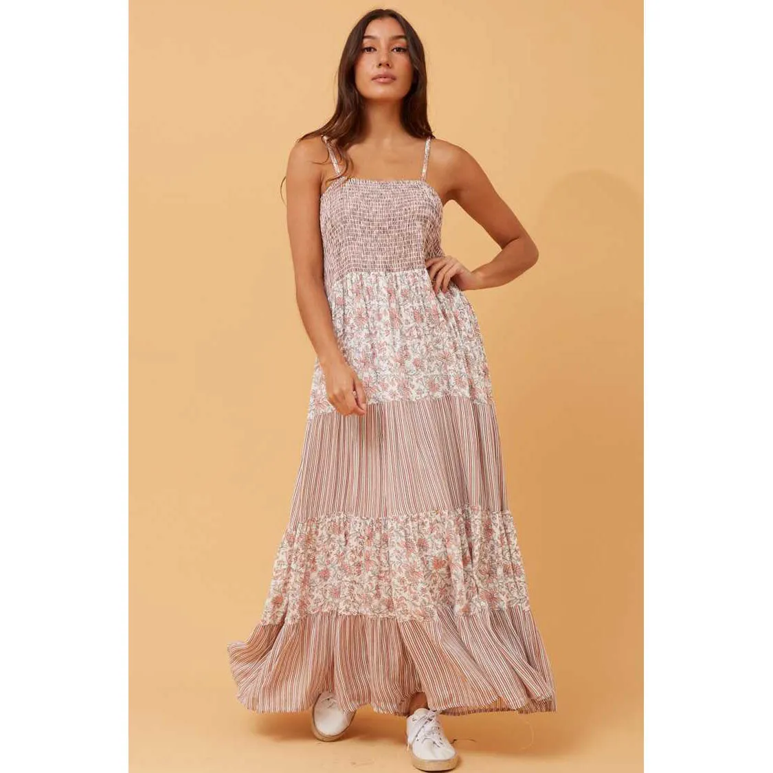 Tiered Maxi Dress With Shoe String Straps - Pink