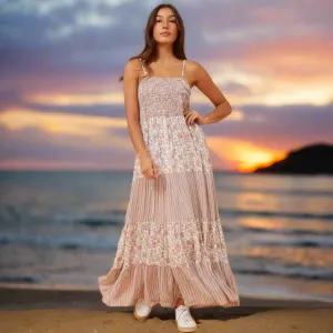 Tiered Maxi Dress With Shoe String Straps - Pink