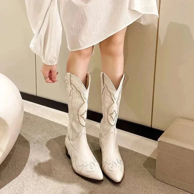 White Knee High Boots - Women's Retro Winter Boots Western Cowboy Boot