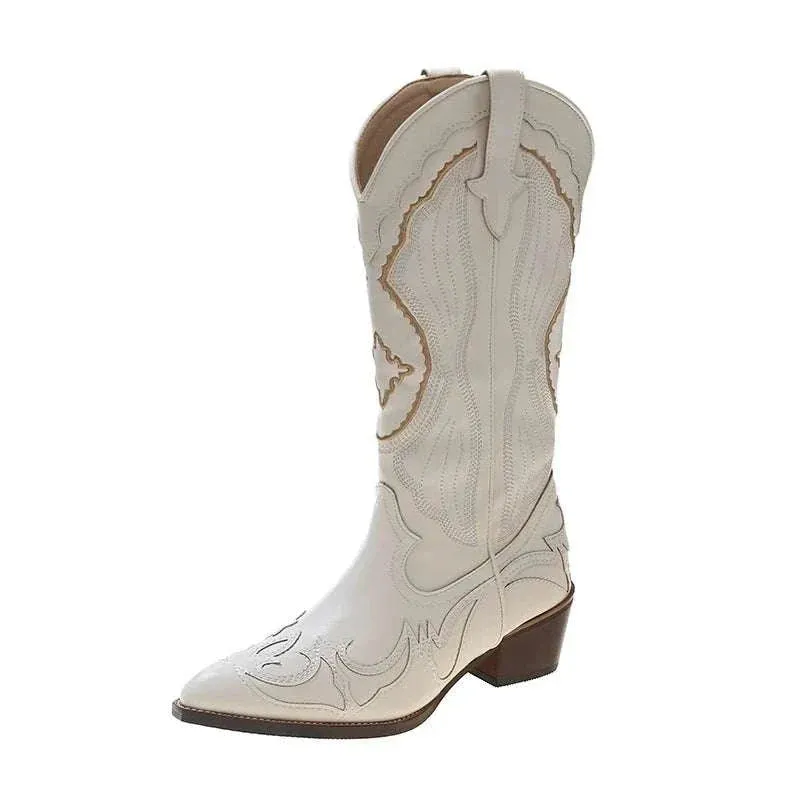 White Knee High Boots - Women's Retro Winter Boots Western Cowboy Boot