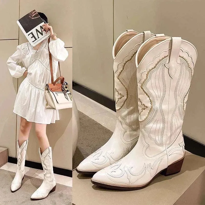 White Knee High Boots - Women's Retro Winter Boots Western Cowboy Boot